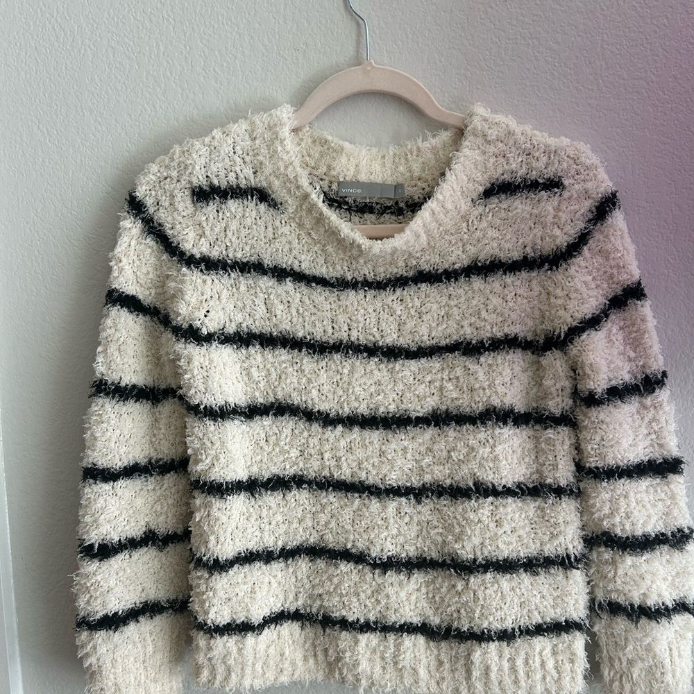 Vince Cream and Black Textured Striped Sweater